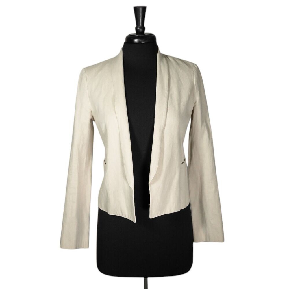 Vince Women's Jacket Beige Linen Cotton Open Front Lined Cropped Blazer Size 4